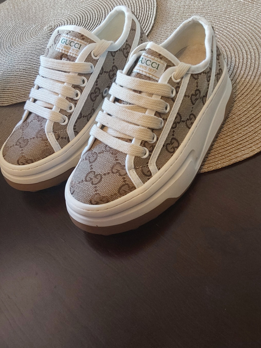 Gucci Beige Brown GG Canvas Platform Sneakers